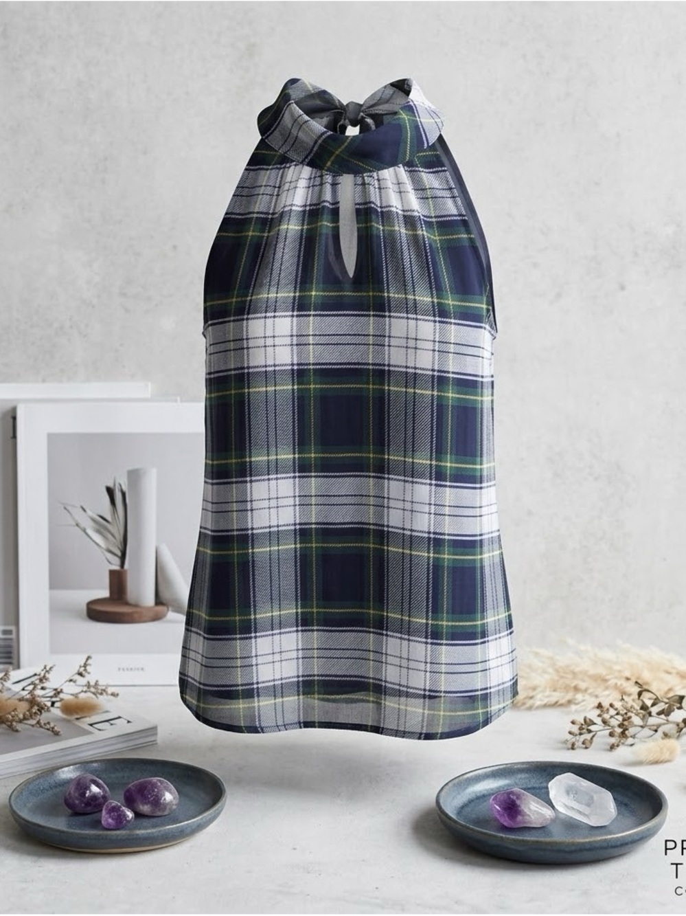 J. Crew Navy, Green & White Plaid Sleeveless Halter Top